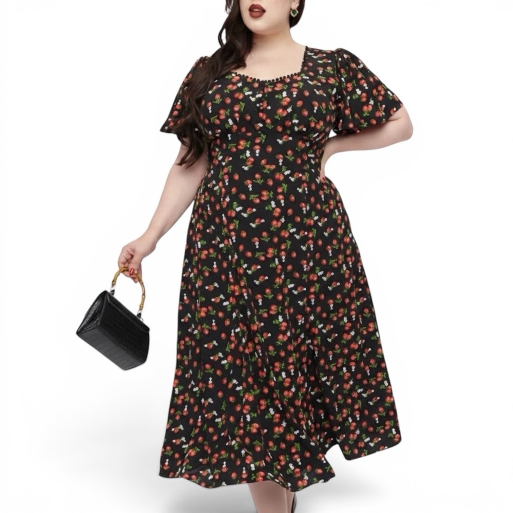 UNIQUE VINTAGE BLACK & STRAWBERRY PRINT MIDI DRESS PINUP RETRO SZ XL NWT‎